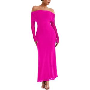 imageREORIA Women Off Shoulder Long Sleeve Dress Elegant Sexy Stretch Mesh Double Lined Slim Trendy Long DressesNeon Rose Red