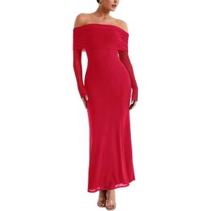 imageREORIA Women Off Shoulder Long Sleeve Dress Elegant Sexy Stretch Mesh Double Lined Slim Trendy Long DressesRed
