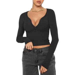 imageREORIA Women Sexy Long Sleeve Henley T Shirts V Neck Button up Casual Basic Y2K Slim Fitted Ribbed Knit Crop TopsBlack