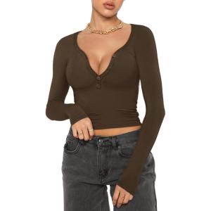 imageREORIA Women Sexy Long Sleeve Henley T Shirts V Neck Button up Casual Basic Y2K Slim Fitted Ribbed Knit Crop TopsCoffee