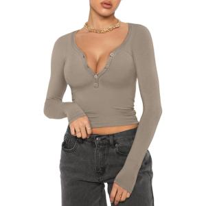 imageREORIA Women Sexy Long Sleeve Henley T Shirts V Neck Button up Casual Basic Y2K Slim Fitted Ribbed Knit Crop TopsGrey Brown