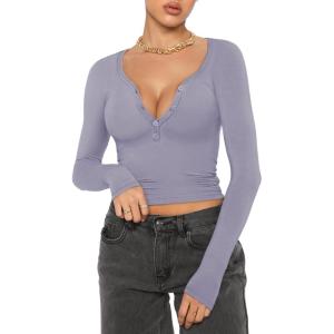 imageREORIA Women Sexy Long Sleeve Henley T Shirts V Neck Button up Casual Basic Y2K Slim Fitted Ribbed Knit Crop TopsLight Haze Blue