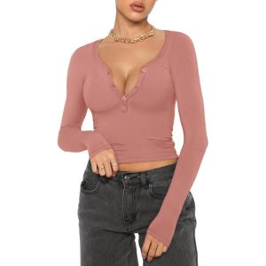imageREORIA Women Sexy Long Sleeve Henley T Shirts V Neck Button up Casual Basic Y2K Slim Fitted Ribbed Knit Crop TopsPink