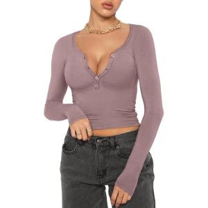imageREORIA Women Sexy Long Sleeve Henley T Shirts V Neck Button up Casual Basic Y2K Slim Fitted Ribbed Knit Crop TopsTaro Purple