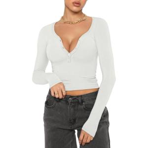 imageREORIA Women Sexy Long Sleeve Henley T Shirts V Neck Button up Casual Basic Y2K Slim Fitted Ribbed Knit Crop TopsWhite