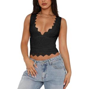 imageREORIA Womens Sexy VNeck Sleeveless Double Lined Going Out Y2K Trendy Lace Cropped Tank TopsBlack