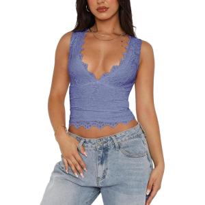 imageREORIA Womens Sexy VNeck Sleeveless Double Lined Going Out Y2K Trendy Lace Cropped Tank TopsBlue Nova