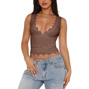 imageREORIA Womens Sexy VNeck Sleeveless Double Lined Going Out Y2K Trendy Lace Cropped Tank TopsCoffee