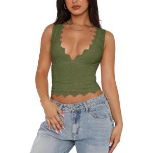 imageREORIA Womens Sexy VNeck Sleeveless Double Lined Going Out Y2K Trendy Lace Cropped Tank TopsDark Green