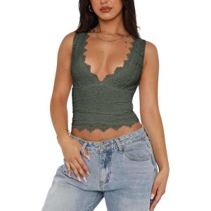 imageREORIA Womens Sexy VNeck Sleeveless Double Lined Going Out Y2K Trendy Lace Cropped Tank TopsGrey Green