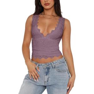 imageREORIA Womens Sexy VNeck Sleeveless Double Lined Going Out Y2K Trendy Lace Cropped Tank TopsGrey Purple