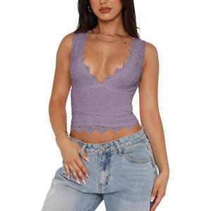 imageREORIA Womens Sexy VNeck Sleeveless Double Lined Going Out Y2K Trendy Lace Cropped Tank TopsHazy Lilac