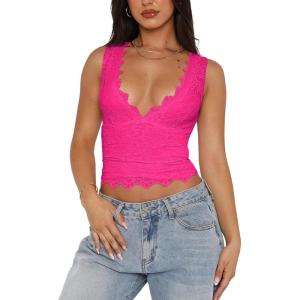 imageREORIA Womens Sexy VNeck Sleeveless Double Lined Going Out Y2K Trendy Lace Cropped Tank TopsNeon Rose Red