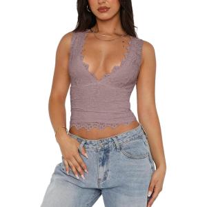 imageREORIA Womens Sexy VNeck Sleeveless Double Lined Going Out Y2K Trendy Lace Cropped Tank TopsPantone
