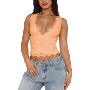 imageREORIA Womens Sexy VNeck Sleeveless Double Lined Going Out Y2K Trendy Lace Cropped Tank TopsPeach Fuzz