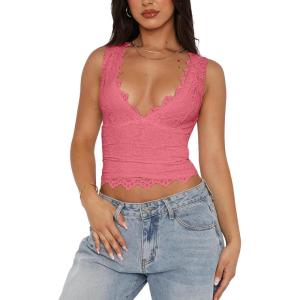 imageREORIA Womens Sexy VNeck Sleeveless Double Lined Going Out Y2K Trendy Lace Cropped Tank TopsPeach Pink