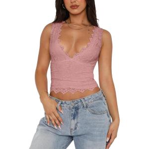 imageREORIA Womens Sexy VNeck Sleeveless Double Lined Going Out Y2K Trendy Lace Cropped Tank TopsPink