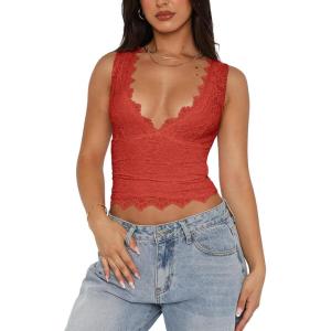 imageREORIA Womens Sexy VNeck Sleeveless Double Lined Going Out Y2K Trendy Lace Cropped Tank TopsRusty Red