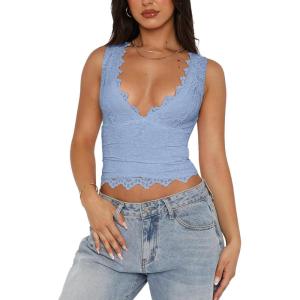 imageREORIA Womens Sexy VNeck Sleeveless Double Lined Going Out Y2K Trendy Lace Cropped Tank TopsSky Blue