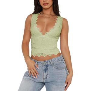 imageREORIA Womens Sexy VNeck Sleeveless Double Lined Going Out Y2K Trendy Lace Cropped Tank TopsTender Green