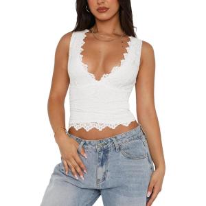imageREORIA Womens Sexy VNeck Sleeveless Double Lined Going Out Y2K Trendy Lace Cropped Tank TopsWhite