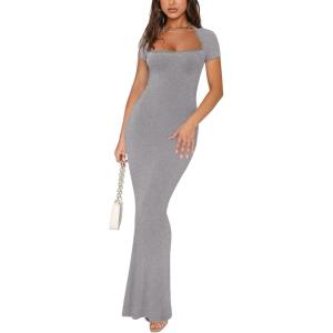 imageREORIA Womens Summer Square Neck Short Sleeve Long Dress Formal Wedding Guest Elegant Ribbed Bodycon Maxi DressesHeather Grey