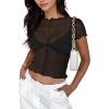 imageREORIA Womens Sexy Sheer Mesh Short Sleeve Crew Neck See Through Trendy Y2K Going Out Crop TopsBlack