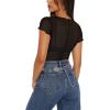 imageREORIA Womens Sexy Sheer Mesh Short Sleeve Crew Neck See Through Trendy Y2K Going Out Crop TopsBlack