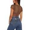 imageREORIA Womens Sexy Sheer Mesh Short Sleeve Crew Neck See Through Trendy Y2K Going Out Crop TopsBrown
