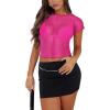 imageREORIA Womens Sexy Sheer Mesh Short Sleeve Crew Neck See Through Trendy Y2K Going Out Crop TopsRose Red