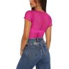 imageREORIA Womens Sexy Sheer Mesh Short Sleeve Crew Neck See Through Trendy Y2K Going Out Crop TopsRose Red