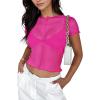 imageREORIA Womens Sexy Sheer Mesh Short Sleeve Crew Neck See Through Trendy Y2K Going Out Crop TopsRose Red
