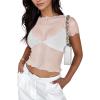imageREORIA Womens Sexy Sheer Mesh Short Sleeve Crew Neck See Through Trendy Y2K Going Out Crop TopsWhite