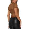 imageREORIA Womens Sexy Square Neck Short Sleeve Sheer Mesh Slim Fit 2024 Trendy Going Out Crop TopsBrown