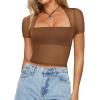 imageREORIA Womens Sexy Square Neck Short Sleeve Sheer Mesh Slim Fit 2024 Trendy Going Out Crop TopsBrown