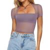 imageREORIA Womens Sexy Square Neck Short Sleeve Sheer Mesh Slim Fit 2024 Trendy Going Out Crop TopsHazy Lilac