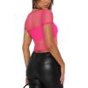 imageREORIA Womens Sexy Square Neck Short Sleeve Sheer Mesh Slim Fit 2024 Trendy Going Out Crop TopsNeon Rose Red