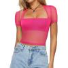 imageREORIA Womens Sexy Square Neck Short Sleeve Sheer Mesh Slim Fit 2024 Trendy Going Out Crop TopsNeon Rose Red