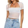 imageREORIA Womens Sexy Square Neck Short Sleeve Sheer Mesh Slim Fit 2024 Trendy Going Out Crop TopsWhite