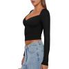 imageREORIA Womens Sexy V Neck Long Sleeve Slim Fitted Side Ruched Trendy Y2K Going Out T Shirt Crop TopBlack