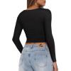 imageREORIA Womens Sexy V Neck Long Sleeve Slim Fitted Side Ruched Trendy Y2K Going Out T Shirt Crop TopBlack