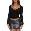 imageREORIA Womens Sexy V Neck Long Sleeve Slim Fitted Side Ruched Trendy Y2K Going Out T Shirt Crop TopBlack