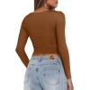 imageREORIA Womens Sexy V Neck Long Sleeve Slim Fitted Side Ruched Trendy Y2K Going Out T Shirt Crop TopBrown
