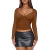 imageREORIA Womens Sexy V Neck Long Sleeve Slim Fitted Side Ruched Trendy Y2K Going Out T Shirt Crop TopBrown