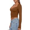imageREORIA Womens Sexy V Neck Long Sleeve Slim Fitted Side Ruched Trendy Y2K Going Out T Shirt Crop TopBrown