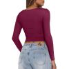 imageREORIA Womens Sexy V Neck Long Sleeve Slim Fitted Side Ruched Trendy Y2K Going Out T Shirt Crop TopBurdundy