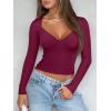 imageREORIA Womens Sexy V Neck Long Sleeve Slim Fitted Side Ruched Trendy Y2K Going Out T Shirt Crop TopBurdundy
