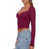 imageREORIA Womens Sexy V Neck Long Sleeve Slim Fitted Side Ruched Trendy Y2K Going Out T Shirt Crop TopBurdundy