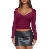 imageREORIA Womens Sexy V Neck Long Sleeve Slim Fitted Side Ruched Trendy Y2K Going Out T Shirt Crop TopBurdundy
