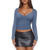 imageREORIA Womens Sexy V Neck Long Sleeve Slim Fitted Side Ruched Trendy Y2K Going Out T Shirt Crop TopDove Blue